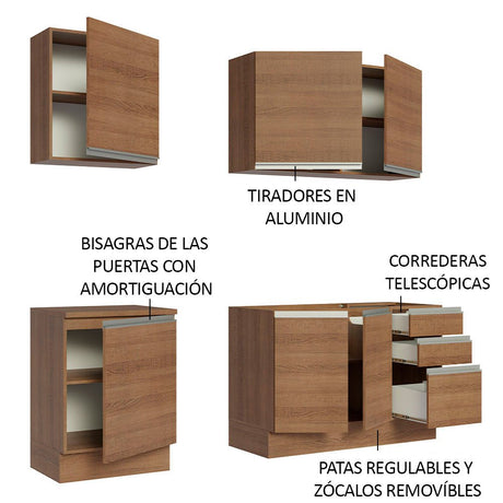 Cocina Integral Modular Glamy Marron 180x225cm sin Mesón sin Estufa con Tres Cajones y con Diez Entrepaños - COCINAS | Bylmo