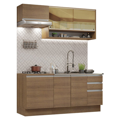 Cocina Integral Modular Glamy Marron 180x225cm sin Mesón sin Estufa con Tres Cajones con Puerta de Vidrio y con Espacio para Extractor - COCINAS | Bylmo