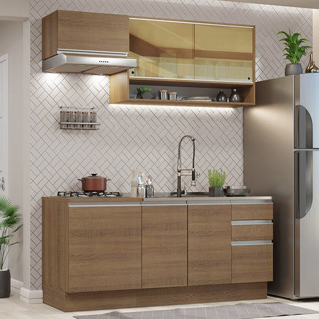 Cocina Integral Modular Glamy Marron 180x225cm sin Mesón sin Estufa con Tres Cajones con Puerta de Vidrio y con Espacio para Extractor - COCINAS | Bylmo