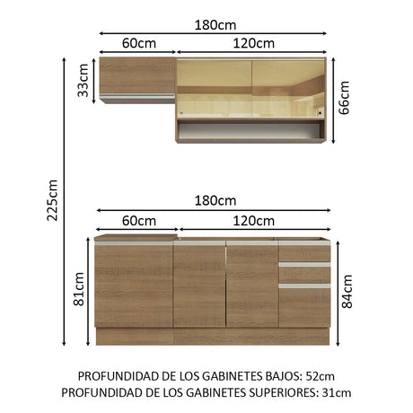 Cocina Integral Modular Glamy Marron 180x225cm sin Mesón sin Estufa con Tres Cajones con Puerta de Vidrio y con Espacio para Extractor - COCINAS | Bylmo