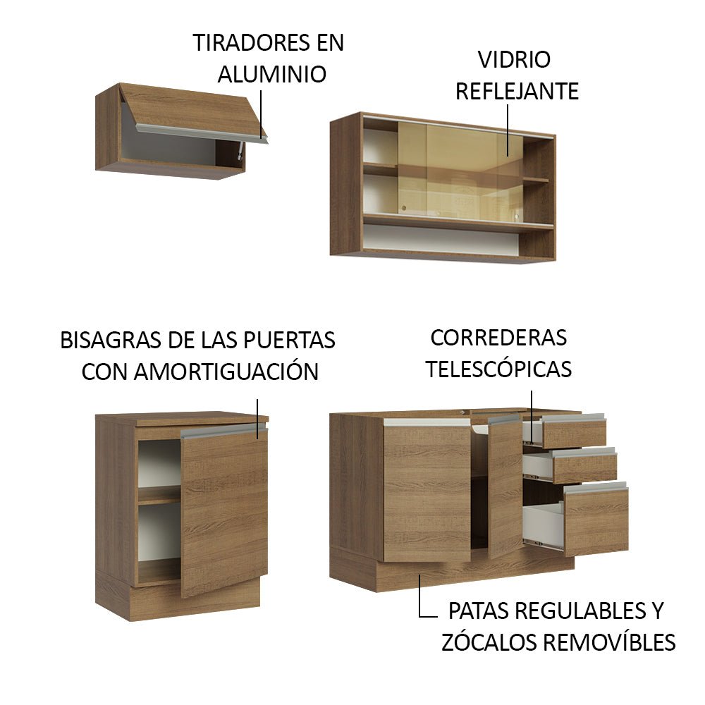 Cocina Integral Modular Glamy Marron 180x225cm sin Mesón sin Estufa con Tres Cajones con Puerta de Vidrio y con Espacio para Extractor - COCINAS | Bylmo