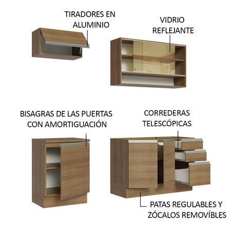 Cocina Integral Modular Glamy Marron 180x225cm sin Mesón sin Estufa con Tres Cajones con Puerta de Vidrio y con Espacio para Extractor - COCINAS | Bylmo