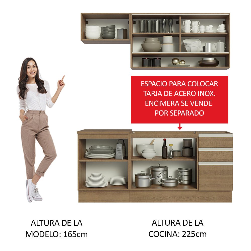 Cocina Integral Modular Glamy Marron 180x225cm sin Mesón sin Estufa con Tres Cajones con Puerta de Vidrio y con Espacio para Extractor - COCINAS | Bylmo