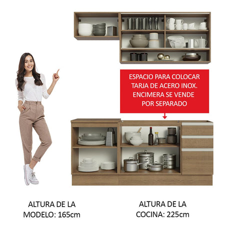 Cocina Integral Modular Glamy Marron 180x225cm sin Mesón sin Estufa con Tres Cajones con Puerta de Vidrio y con Espacio para Extractor - COCINAS | Bylmo
