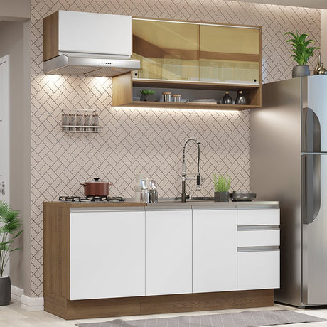 Cocina Integral Modular Glamy Marron y Blanco 180x225cm sin Mesón sin Estufa con Tres Cajones con Puerta de Vidrio y con Espacio para Extractor - COCINAS | Bylmo