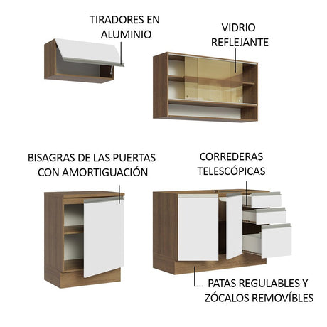 Cocina Integral Modular Glamy Marron y Blanco 180x225cm sin Mesón sin Estufa con Tres Cajones con Puerta de Vidrio y con Espacio para Extractor - COCINAS | Bylmo