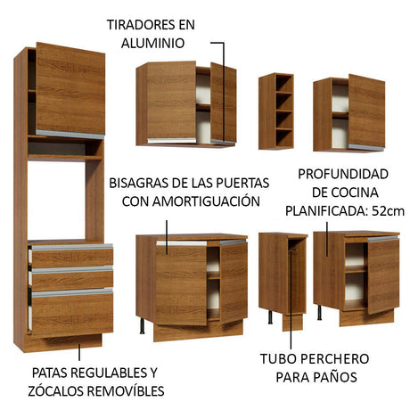 Cocina Integral Modular Aquila Marron 220x225cm con Mesón de Madera Aglomerada Mdp sin Estufa con Tres Cajones y con Diecisiete Entrepaños - COCINAS | Bylmo