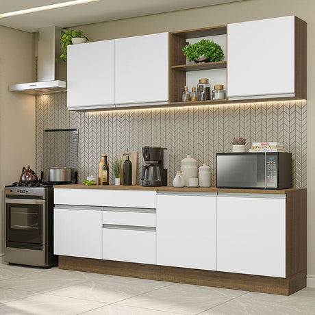 Cocina Integral Modular Glamy Marron y Blanco 240x225cm con Mesón de Madera Aglomerada Mdp sin Estufa con Dos Cajones y con Doce Entrepaños - COCINAS | Bylmo