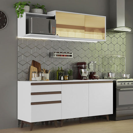 Cocina Integral Modular Reims Blanco 180x210cm con Mesón de Madera Aglomerada Mdp sin Estufa con Tres Cajones y con Ocho Entrepaños - COCINAS | Bylmo