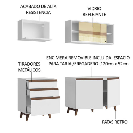 Cocina Integral Modular Reims Blanco 180x210cm con Mesón de Madera Aglomerada Mdp sin Estufa con Tres Cajones y con Ocho Entrepaños - COCINAS | Bylmo