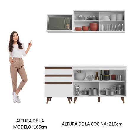 Cocina Integral Modular Reims Blanco 180x210cm con Mesón de Madera Aglomerada Mdp sin Estufa con Tres Cajones y con Ocho Entrepaños - COCINAS | Bylmo