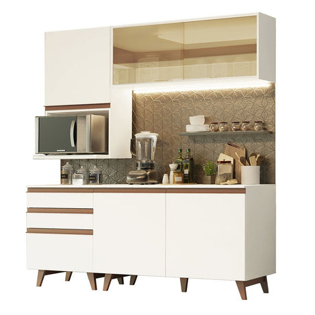 Cocina Integral Modular Reims Blanco 180x210cm con Mesón de Madera Aglomerada Mdp sin Estufa con Tres Cajones y con Diez Entrepaños - COCINAS | Bylmo