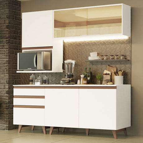 Cocina Integral Modular Reims Blanco 180x210cm con Mesón de Madera Aglomerada Mdp sin Estufa con Tres Cajones y con Diez Entrepaños - COCINAS | Bylmo