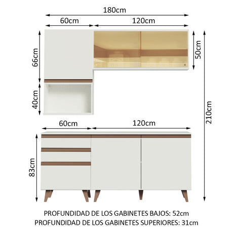 Cocina Integral Modular Reims Blanco 180x210cm con Mesón de Madera Aglomerada Mdp sin Estufa con Tres Cajones y con Diez Entrepaños - COCINAS | Bylmo