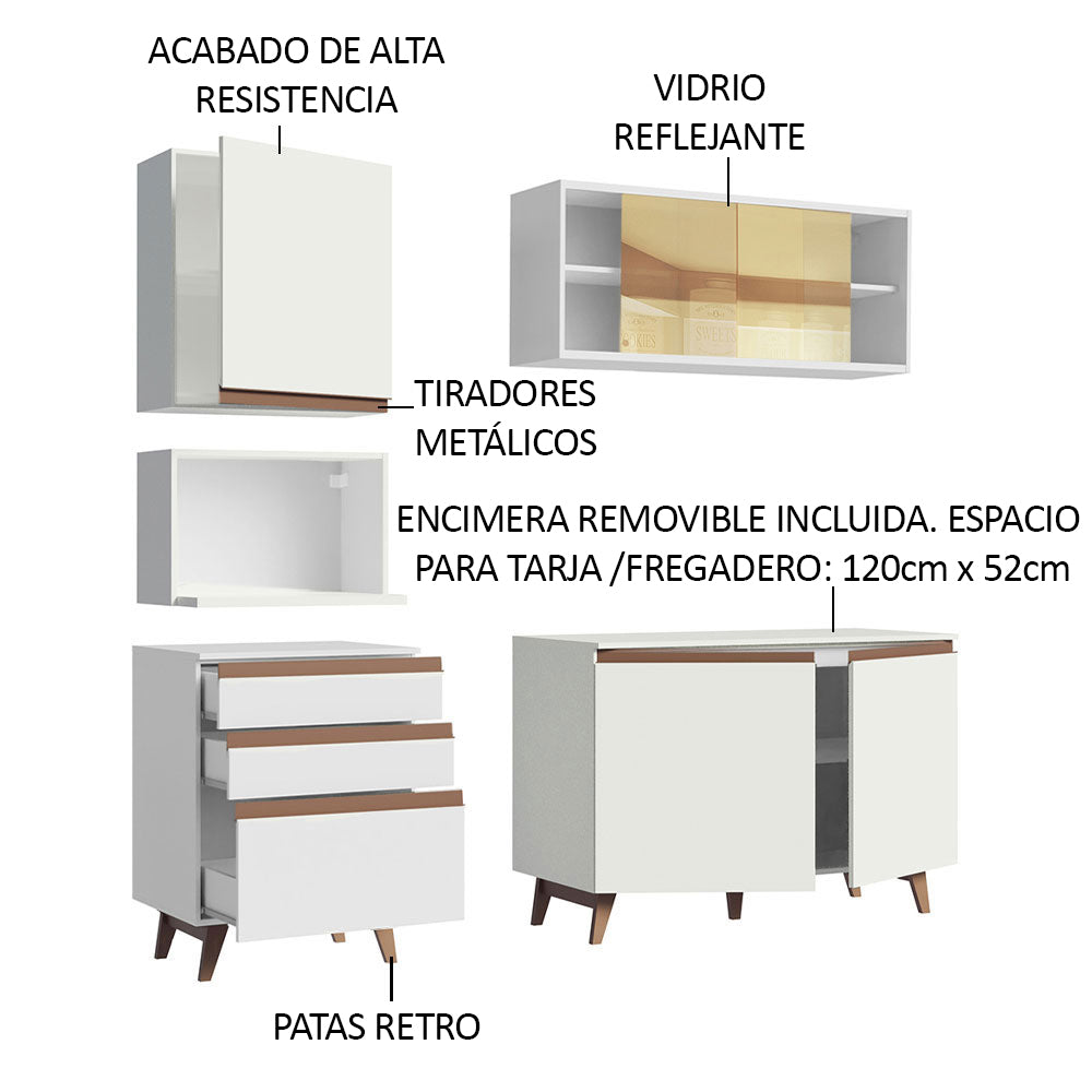 Cocina Integral Modular Reims Blanco 180x210cm con Mesón de Madera Aglomerada Mdp sin Estufa con Tres Cajones y con Diez Entrepaños - COCINAS | Bylmo