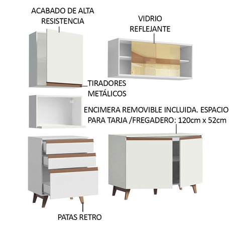 Cocina Integral Modular Reims Blanco 180x210cm con Mesón de Madera Aglomerada Mdp sin Estufa con Tres Cajones y con Diez Entrepaños - COCINAS | Bylmo