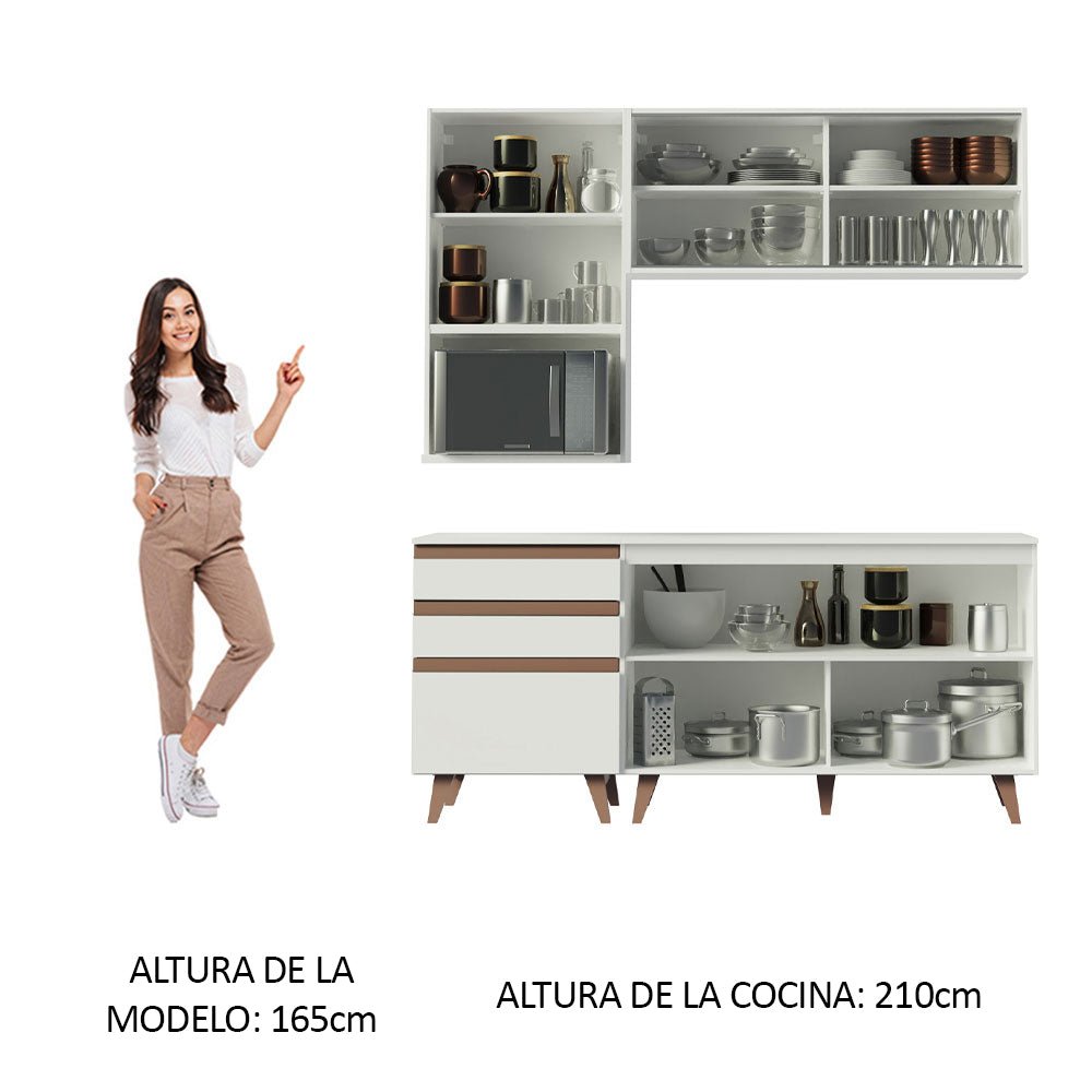 Cocina Integral Modular Reims Blanco 180x210cm con Mesón de Madera Aglomerada Mdp sin Estufa con Tres Cajones y con Diez Entrepaños - COCINAS | Bylmo