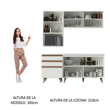 Cocina Integral Modular Reims Blanco 180x210cm con Mesón de Madera Aglomerada Mdp sin Estufa con Tres Cajones y con Diez Entrepaños - COCINAS | Bylmo