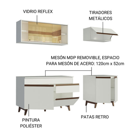 Cocina Integral Modular Reims Blanco 190x210cm con Mesón de Madera Aglomerada Mdp sin Estufa con Un Cajón y con Nueve Entrepaños - COCINAS | Bylmo