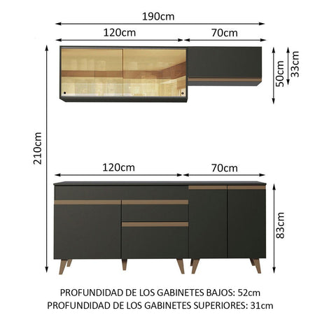 Cocina Integral Modular Reims Negro 190x210cm con Mesón de Madera Aglomerada Mdp sin Estufa con Un Cajón y con Nueve Entrepaños - COCINAS | Bylmo