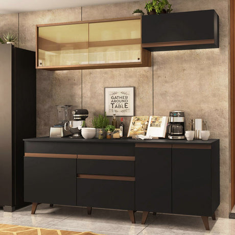 Cocina Integral Modular Reims Negro y Marron 190x210cm con Mesón de Madera Aglomerada Mdp sin Estufa con Un Cajón y con Nueve Entrepaños - COCINAS | Bylmo