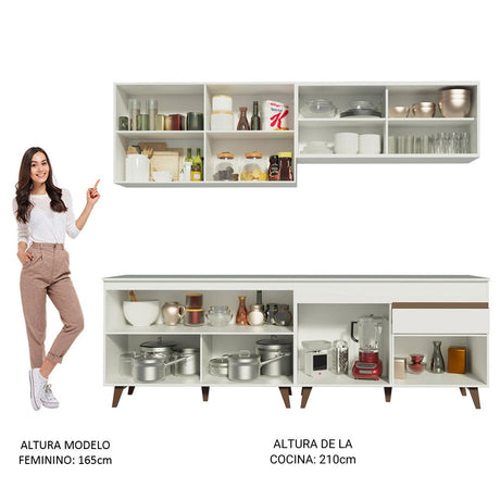 Cocina Integral Modular Reims Blanco 240x210cm con Mesón de Madera Aglomerada Mdp sin Estufa con Un Cajón y con Trece Entrepaños - COCINAS | Bylmo