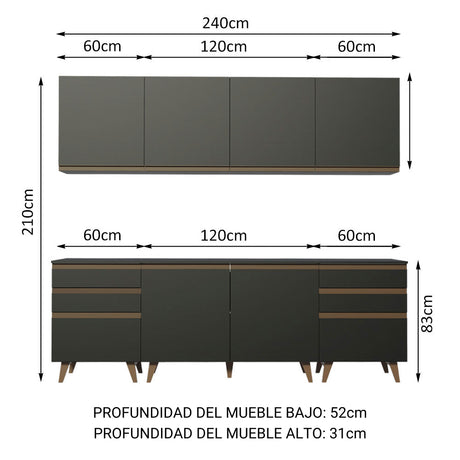 Cocina Integral Modular Reims Negro 240x210cm con Mesón de Madera Aglomerada Mdp sin Estufa con Seis Cajones y con Once Entrepaños - COCINAS | Bylmo