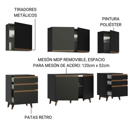 Cocina Integral Modular Reims Negro 240x210cm con Mesón de Madera Aglomerada Mdp sin Estufa con Seis Cajones y con Once Entrepaños - COCINAS | Bylmo