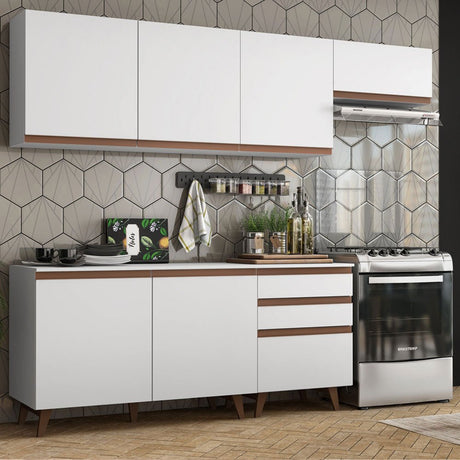 Cocina Integral Modular Reims Blanco 250x210cm con Mesón de Madera Aglomerada Mdp sin Estufa con Tres Cajones y con Diez Entrepaños - COCINAS | Bylmo