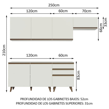 Cocina Integral Modular Reims Blanco 250x210cm con Mesón de Madera Aglomerada Mdp sin Estufa con Tres Cajones y con Diez Entrepaños - COCINAS | Bylmo