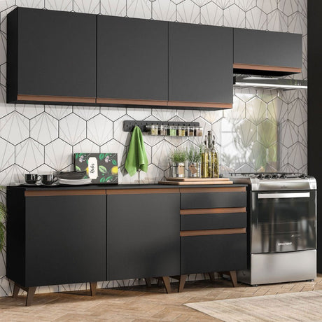 Cocina Integral Modular Reims Negro 250x210cm con Mesón de Madera Aglomerada Mdp sin Estufa con Tres Cajones y con Diez Entrepaños - COCINAS | Bylmo