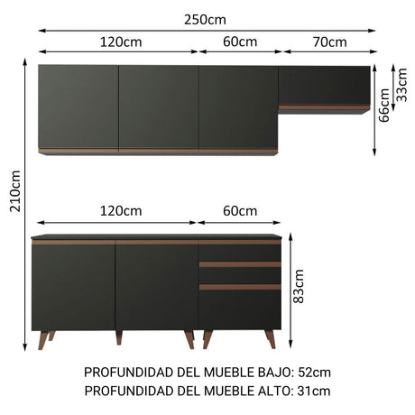 Cocina Integral Modular Reims Negro 250x210cm con Mesón de Madera Aglomerada Mdp sin Estufa con Tres Cajones y con Diez Entrepaños - COCINAS | Bylmo