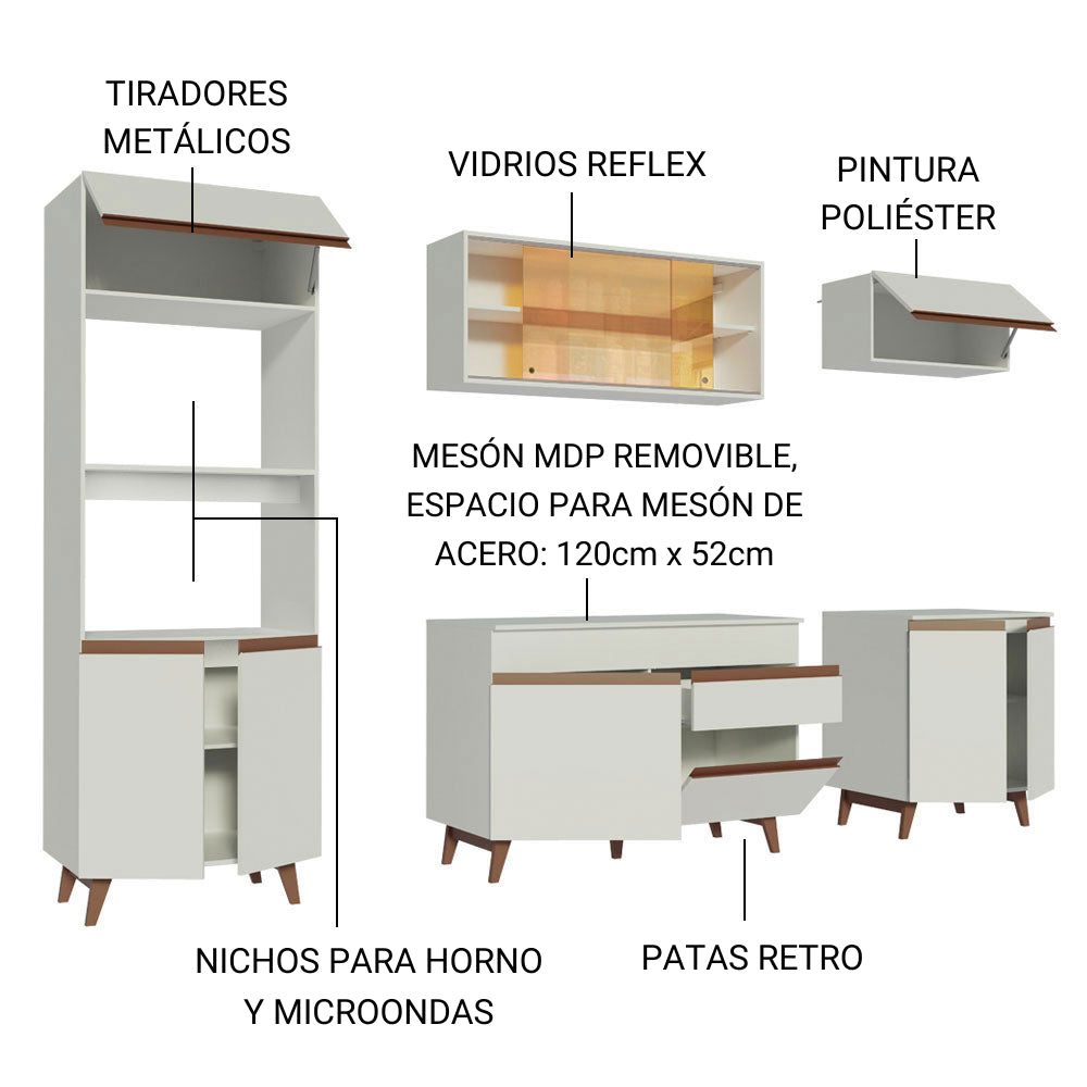 Cocina Integral Modular Reims Blanco 260x210cm con Mesón de Madera Aglomerada Mdp sin Estufa con Un Cajón y con Catorce Entrepaños - COCINAS | Bylmo