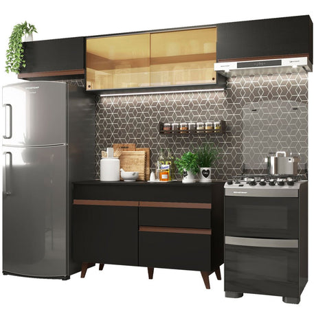 Cocina Integral Modular Reims Negro 260x210cm con Mesón de Madera Aglomerada Mdp sin Estufa con Un Cajón y con Ocho Entrepaños - COCINAS | Bylmo