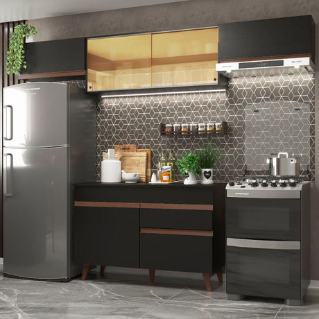 Cocina Integral Modular Reims Negro 260x210cm con Mesón de Madera Aglomerada Mdp sin Estufa con Un Cajón y con Ocho Entrepaños - COCINAS | Bylmo