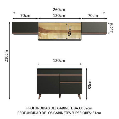 Cocina Integral Modular Reims Negro 260x210cm con Mesón de Madera Aglomerada Mdp sin Estufa con Un Cajón y con Ocho Entrepaños - COCINAS | Bylmo