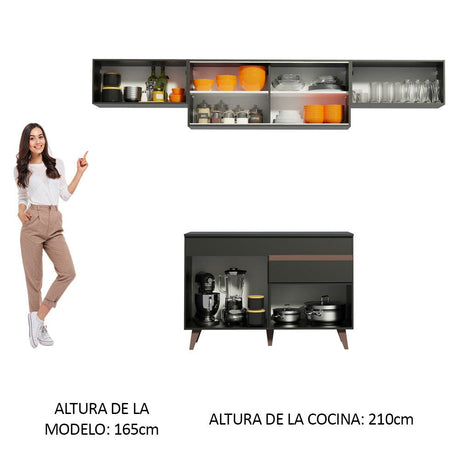 Cocina Integral Modular Reims Negro 260x210cm con Mesón de Madera Aglomerada Mdp sin Estufa con Un Cajón y con Ocho Entrepaños - COCINAS | Bylmo