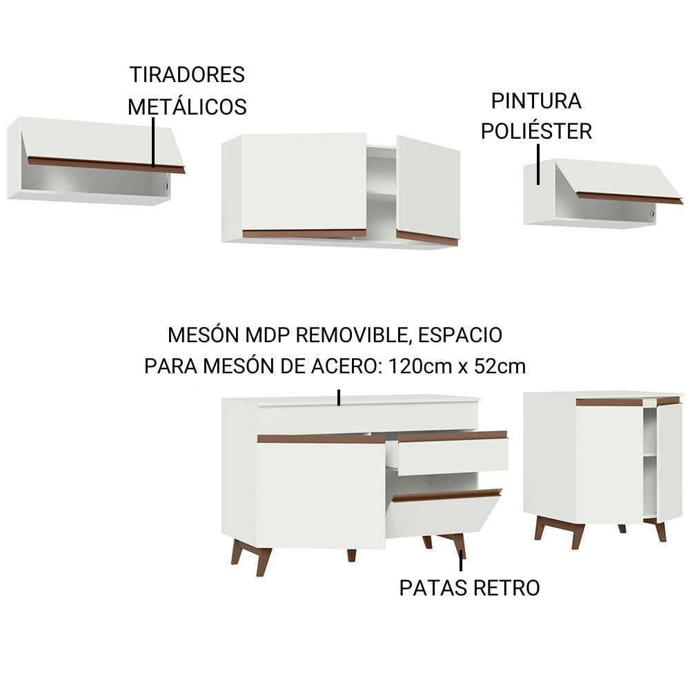 Cocina Integral Modular Reims Blanco 260x210cm con Mesón de Madera Aglomerada Mdp sin Estufa con Un Cajón y con Diez Entrepaños - COCINAS | Bylmo
