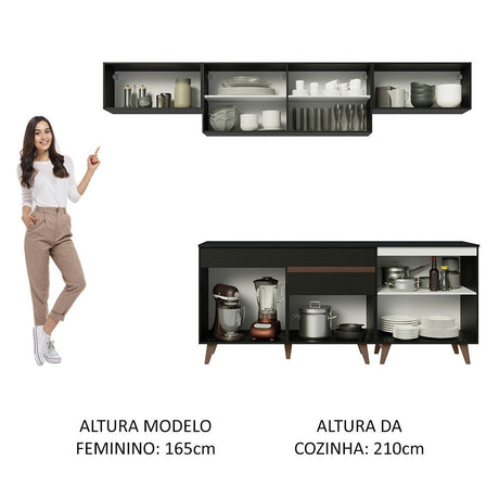 Cocina Integral Modular Reims Negro 260x210cm con Mesón de Madera Aglomerada Mdp sin Estufa con Un Cajón y con Diez Entrepaños - COCINAS | Bylmo
