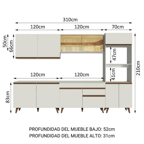 Cocina Integral Modular Reims Blanco 310x210cm con Mesón de Madera Aglomerada Mdp sin Estufa con Un Cajón y con Dieciocho Entrepaños - COCINAS | Bylmo