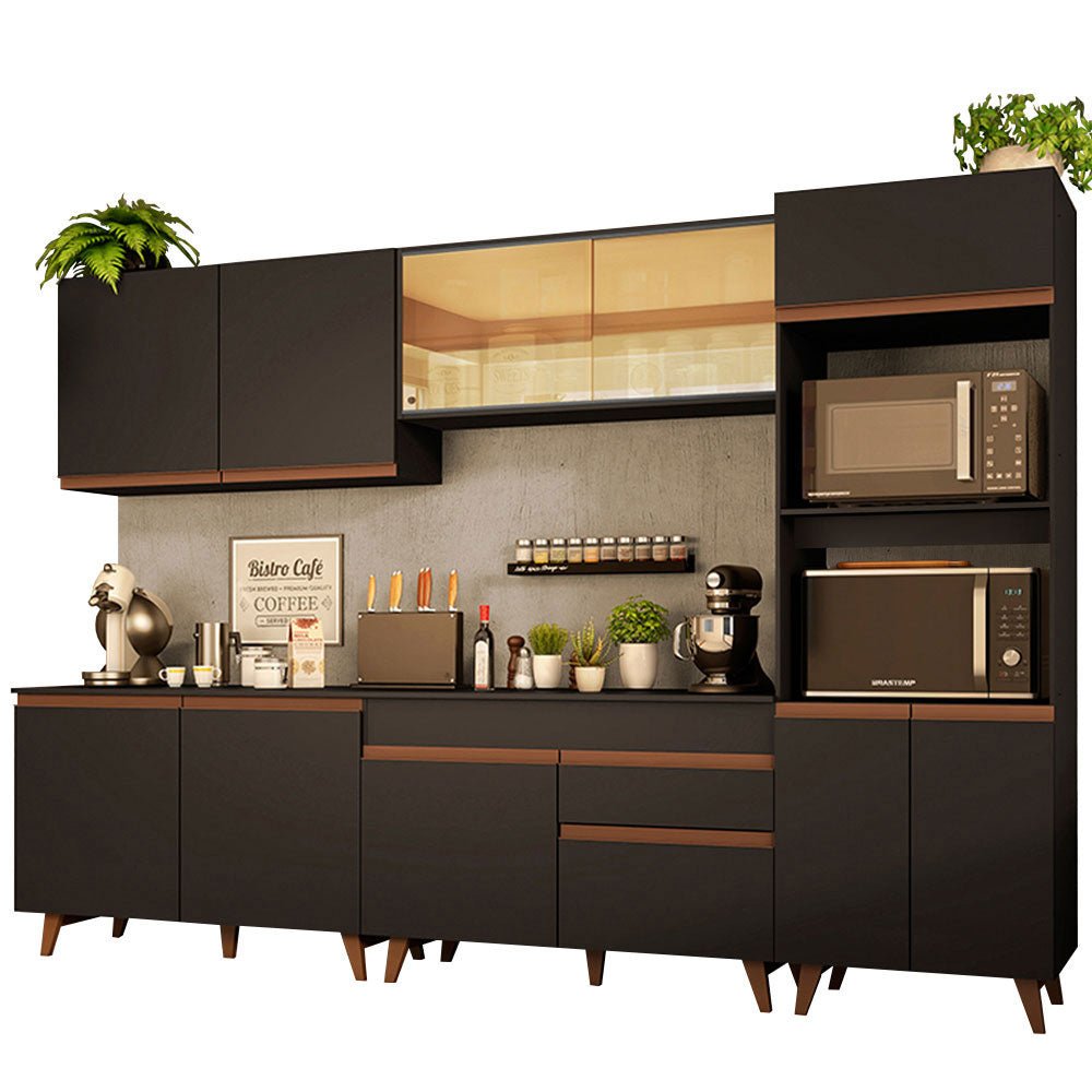 Cocina Integral Modular Reims Negro 310x210cm con Mesón de Madera Aglomerada Mdp sin Estufa con Un Cajón y con Dieciocho Entrepaños - COCINAS | Bylmo