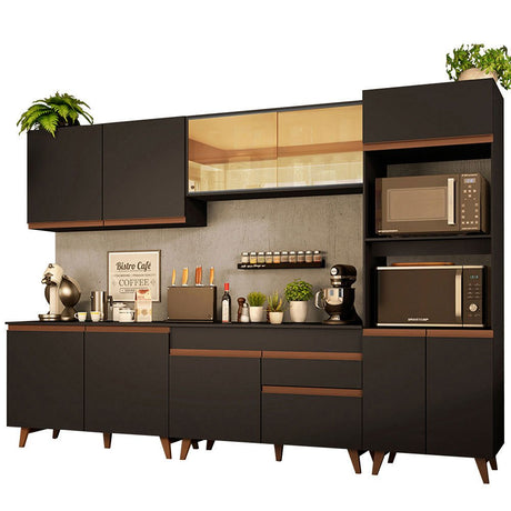 Cocina Integral Modular Reims Negro 310x210cm con Mesón de Madera Aglomerada Mdp sin Estufa con Un Cajón y con Dieciocho Entrepaños - COCINAS | Bylmo