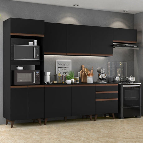 Cocina Integral Modular Reims Negro 320x210cm con Mesón de Madera Aglomerada Mdp sin Estufa con Tres Cajones y con Quince Entrepaños - COCINAS | Bylmo