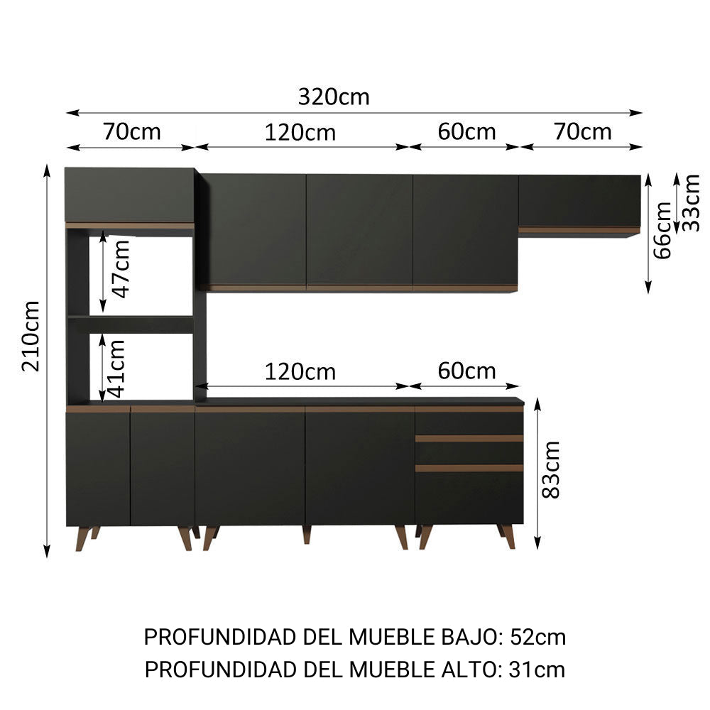 Cocina Integral Modular Reims Negro 320x210cm con Mesón de Madera Aglomerada Mdp sin Estufa con Tres Cajones y con Quince Entrepaños - COCINAS | Bylmo