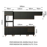 Cocina Integral Modular Reims Negro 320x210cm con Mesón de Madera Aglomerada Mdp sin Estufa con Tres Cajones y con Quince Entrepaños - COCINAS | Bylmo