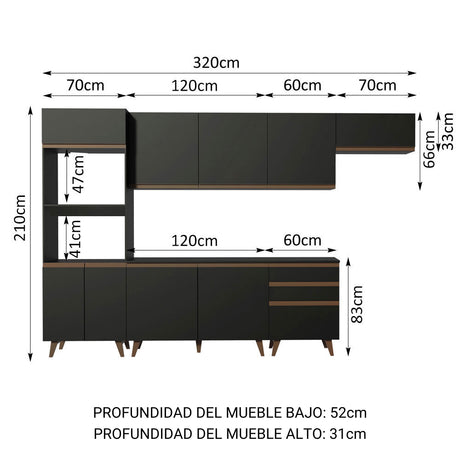Cocina Integral Modular Reims Negro 320x210cm con Mesón de Madera Aglomerada Mdp sin Estufa con Tres Cajones y con Quince Entrepaños - COCINAS | Bylmo
