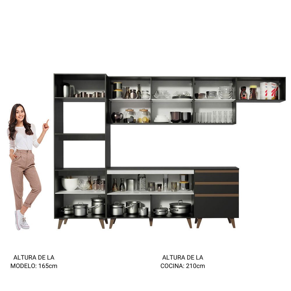 Cocina Integral Modular Reims Negro 320x210cm con Mesón de Madera Aglomerada Mdp sin Estufa con Tres Cajones y con Quince Entrepaños - COCINAS | Bylmo
