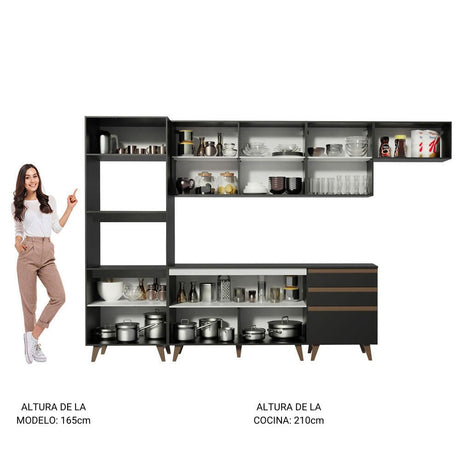 Cocina Integral Modular Reims Negro 320x210cm con Mesón de Madera Aglomerada Mdp sin Estufa con Tres Cajones y con Quince Entrepaños - COCINAS | Bylmo