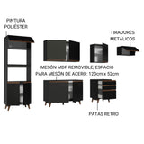 Cocina Integral Modular Reims Negro 320x210cm con Mesón de Madera Aglomerada Mdp sin Estufa con Tres Cajones y con Quince Entrepaños - COCINAS | Bylmo