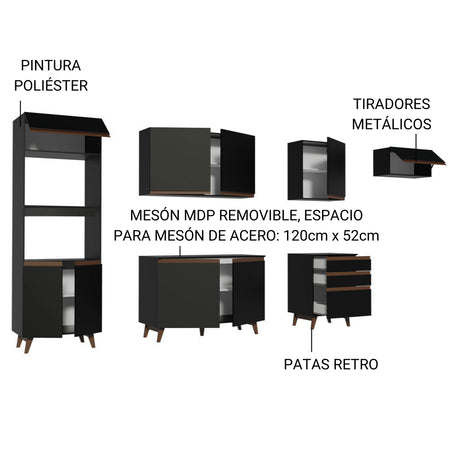 Cocina Integral Modular Reims Negro 320x210cm con Mesón de Madera Aglomerada Mdp sin Estufa con Tres Cajones y con Quince Entrepaños - COCINAS | Bylmo